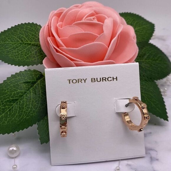 NWOT  Tory Burch Rose Gold Small Raised Logo Hoop Earrings - Picture 4 of 6